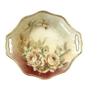 Antique Nippon Hand-Painted Porcelain Floral Bowl with Handles Gold Gilt